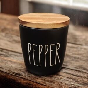Rae Dunn by Magenta black ceramic "PEPPER" cellar with a wooden lid